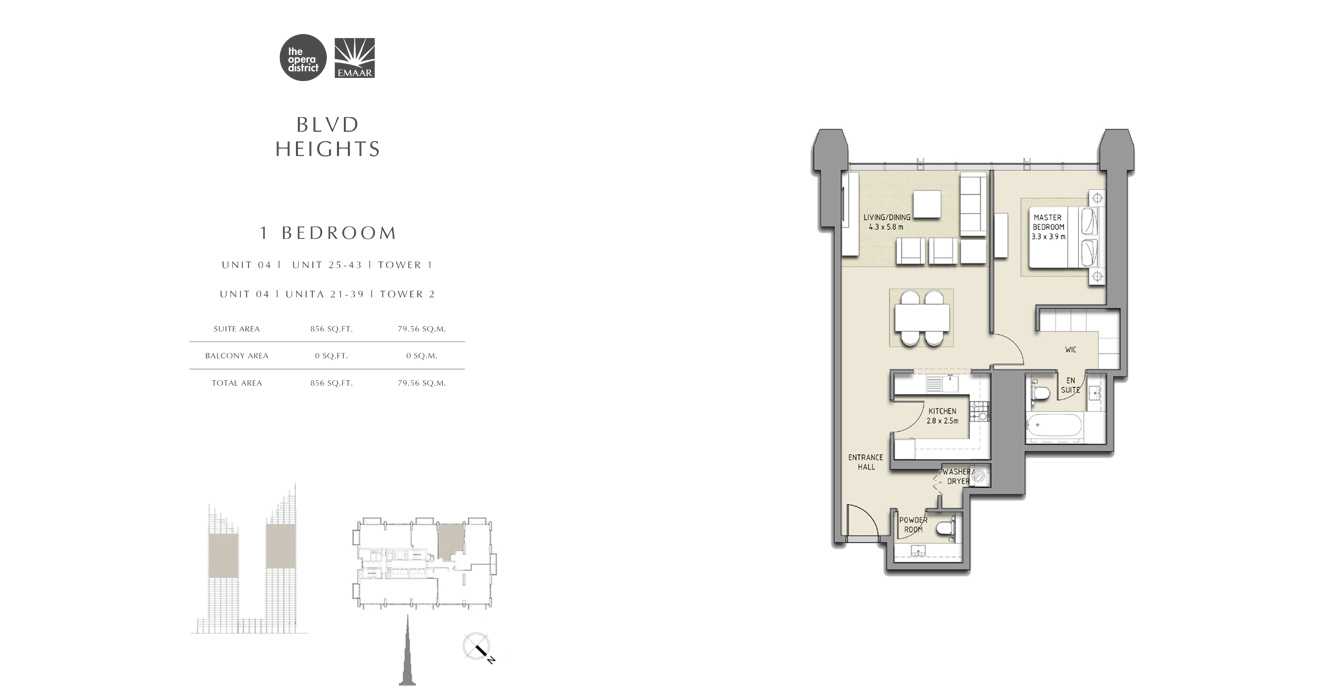 1 Bedroom Unit04, Tower 1, Size 856 sq ft