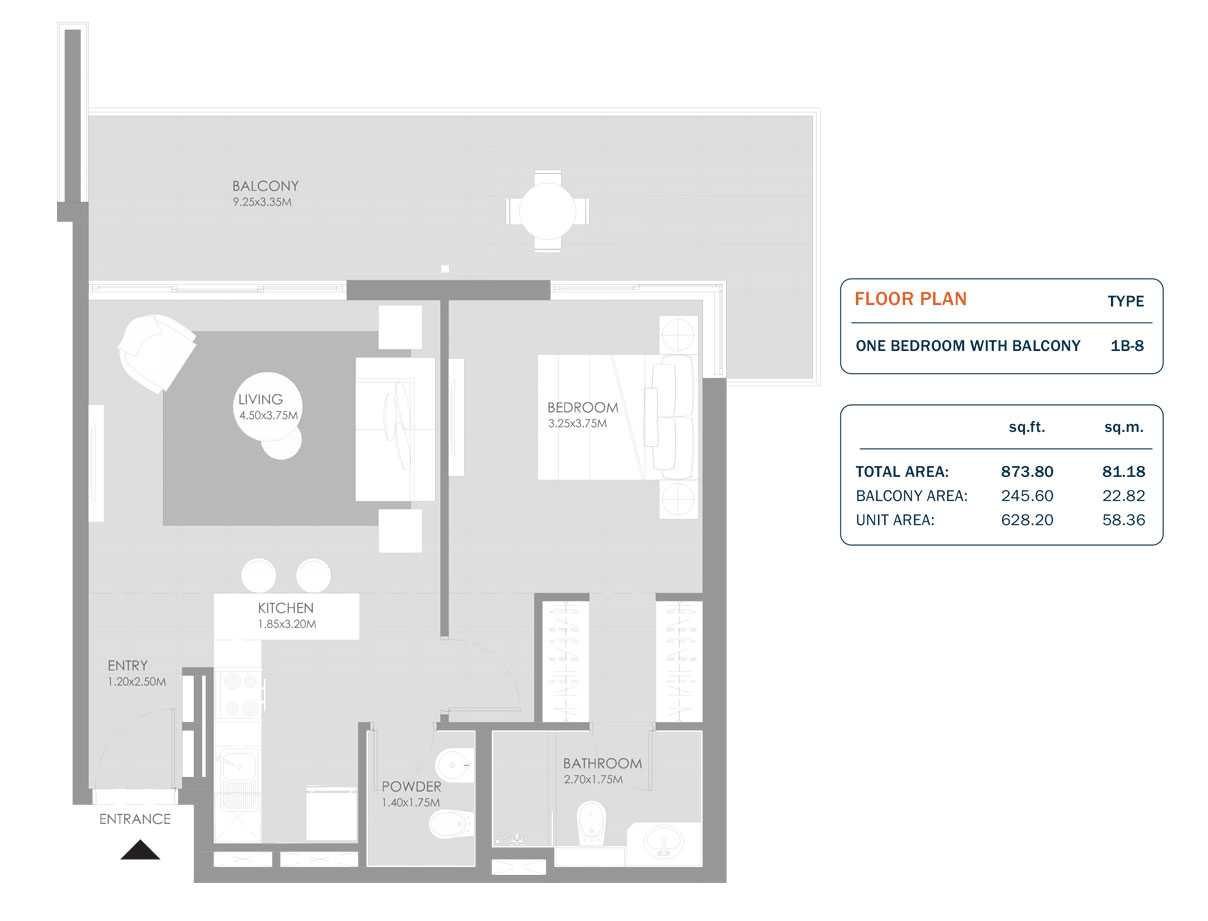 1 Bedroom, Size 873.80 Sq.ft