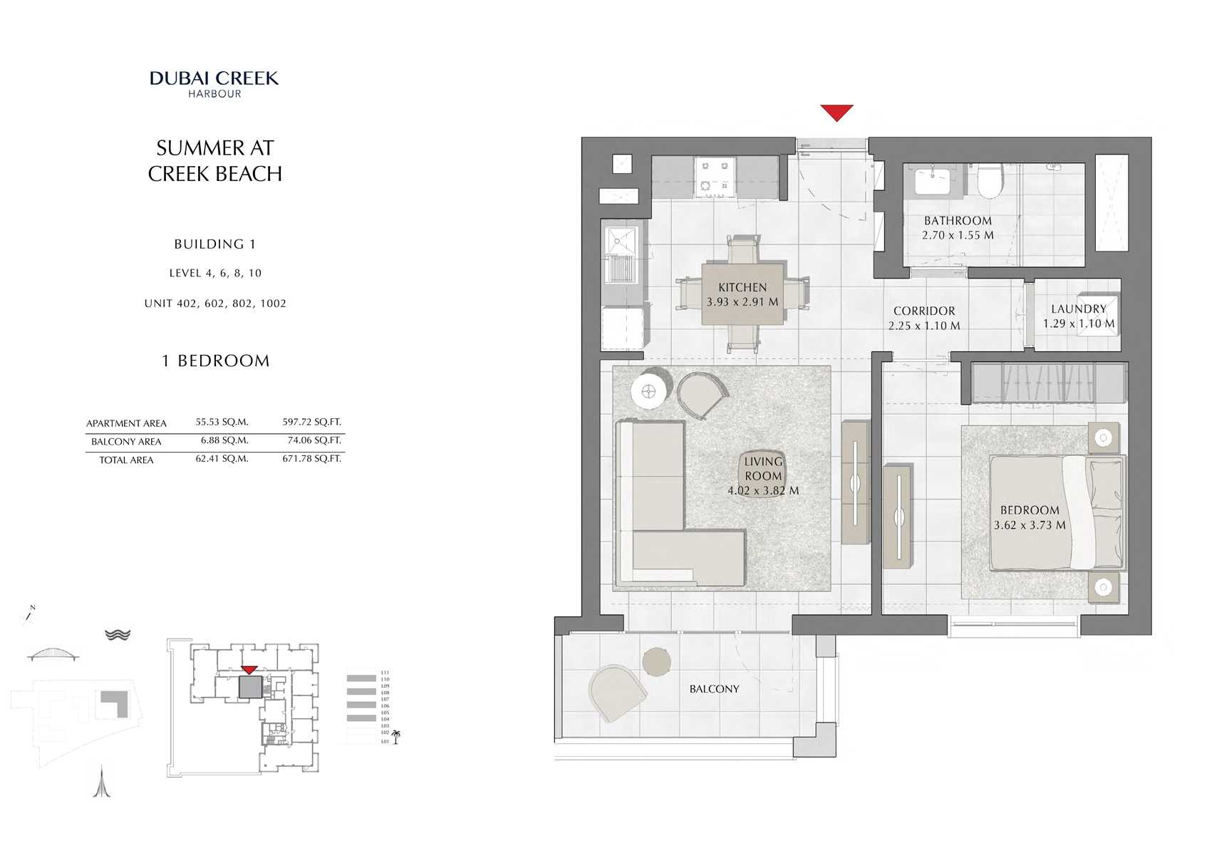 1 Br Building 1 Level-4-6-8-10 Unit 402-602-802-1002, Size 671 Sq Ft