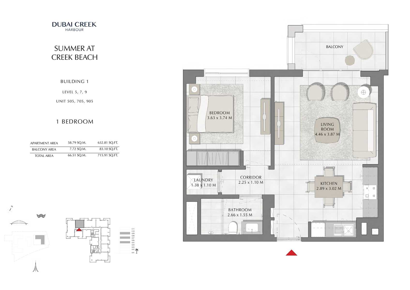1 Br Building 1 Level-5-7-9 Unit 505-705-905, Size 715 Sq Ft