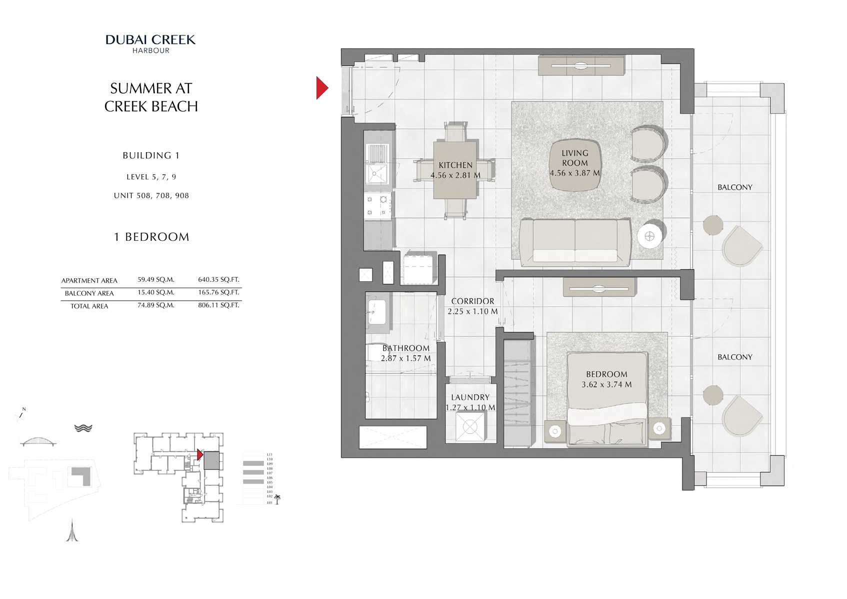1 Br Building 1 Level-5-7-9 Unit 508-708-908, Size 806 Sq Ft