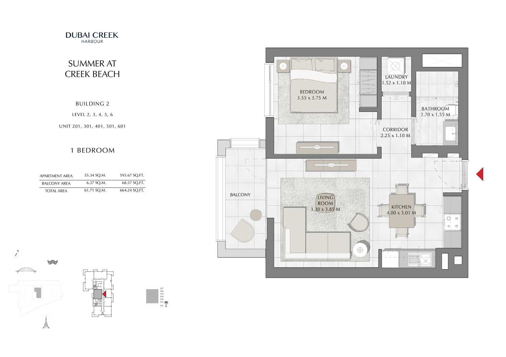 1 Br building 2 Level-2-3-4-5-6 Unit-201-301-401-501-601, Size 664 Sq Ft