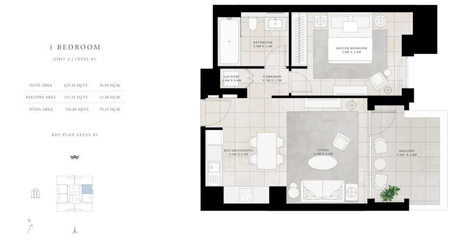 1-Bed, Unit-3, Level-1, Size-756.60-sq.ft