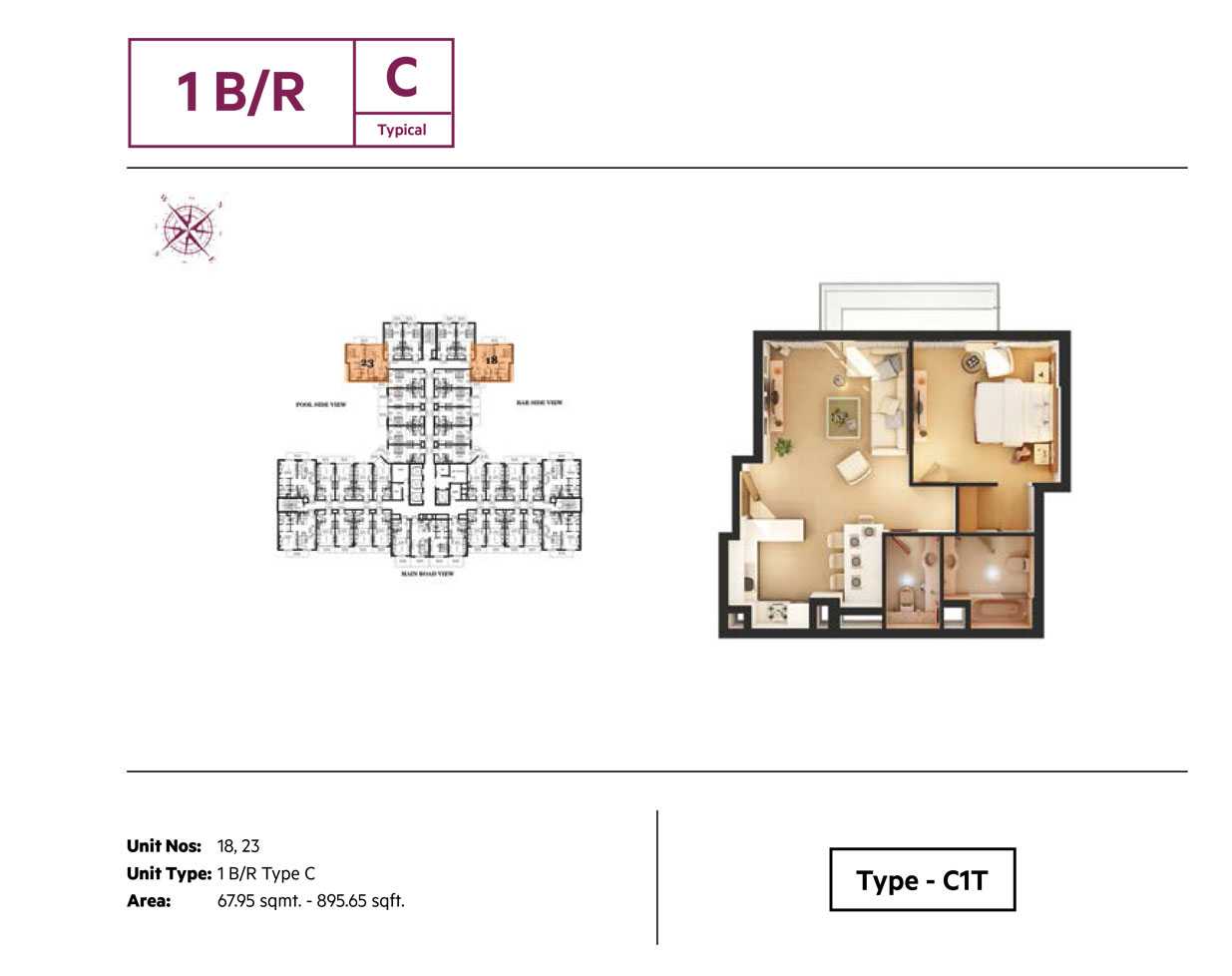 1BR,Type C, Size 895.65 Sq.ft