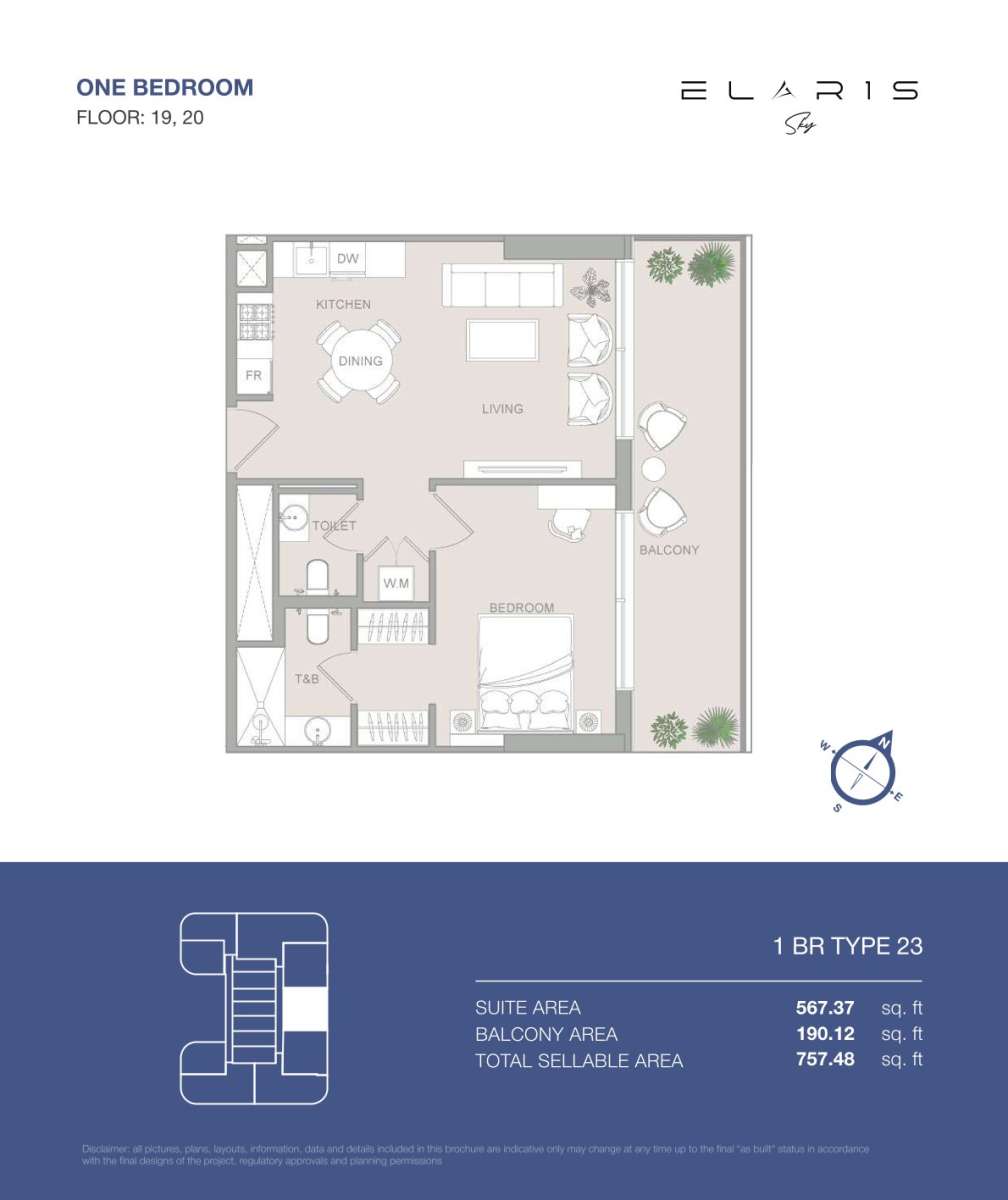 1BR-Type 23-Elaris Sky offers 1-bedroom apartments in JVT District 3, Jumeirah Village Triangle, Dubai.