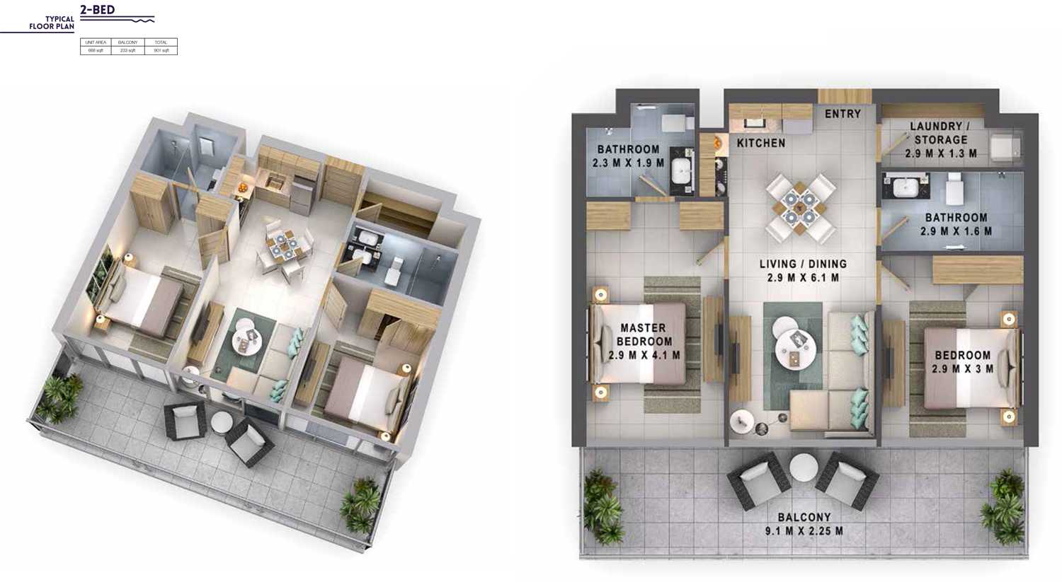 2 Bedroom Size 901 sq.ft