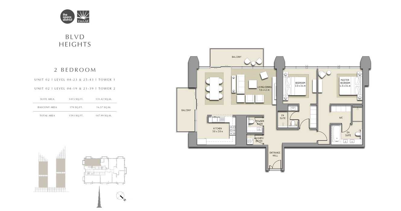 2 Bedroom Unit 02 Tower 1, Unit 02 Tower 2, Size 1593 sq ft