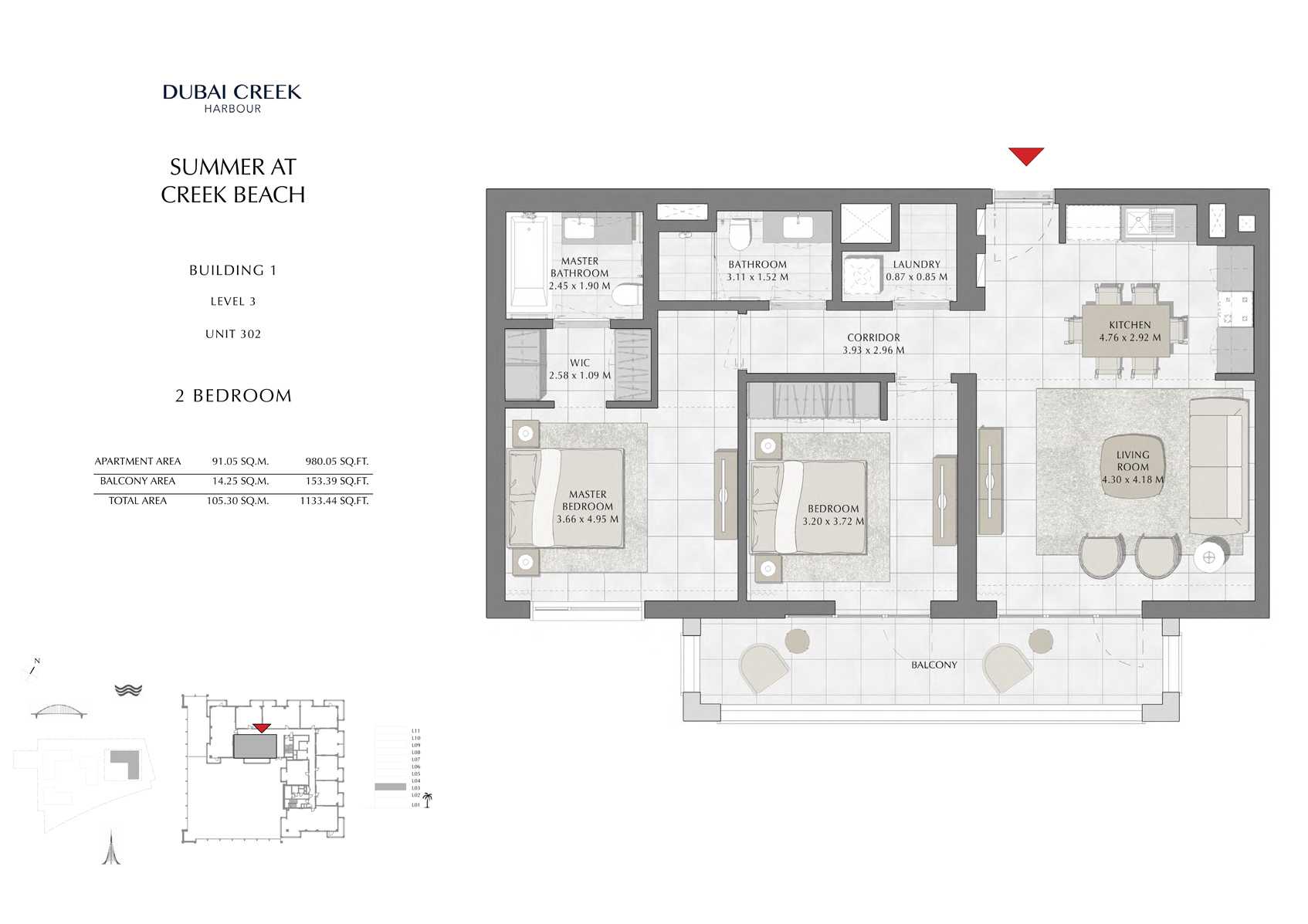 2 Br Building 1 Level 3 Unit 302, Size 1133 Sq Ft