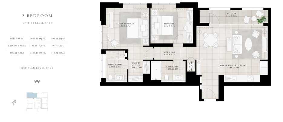 2-Bed, Unit-1,Level-07-25,Size-1184.24-sq.ft