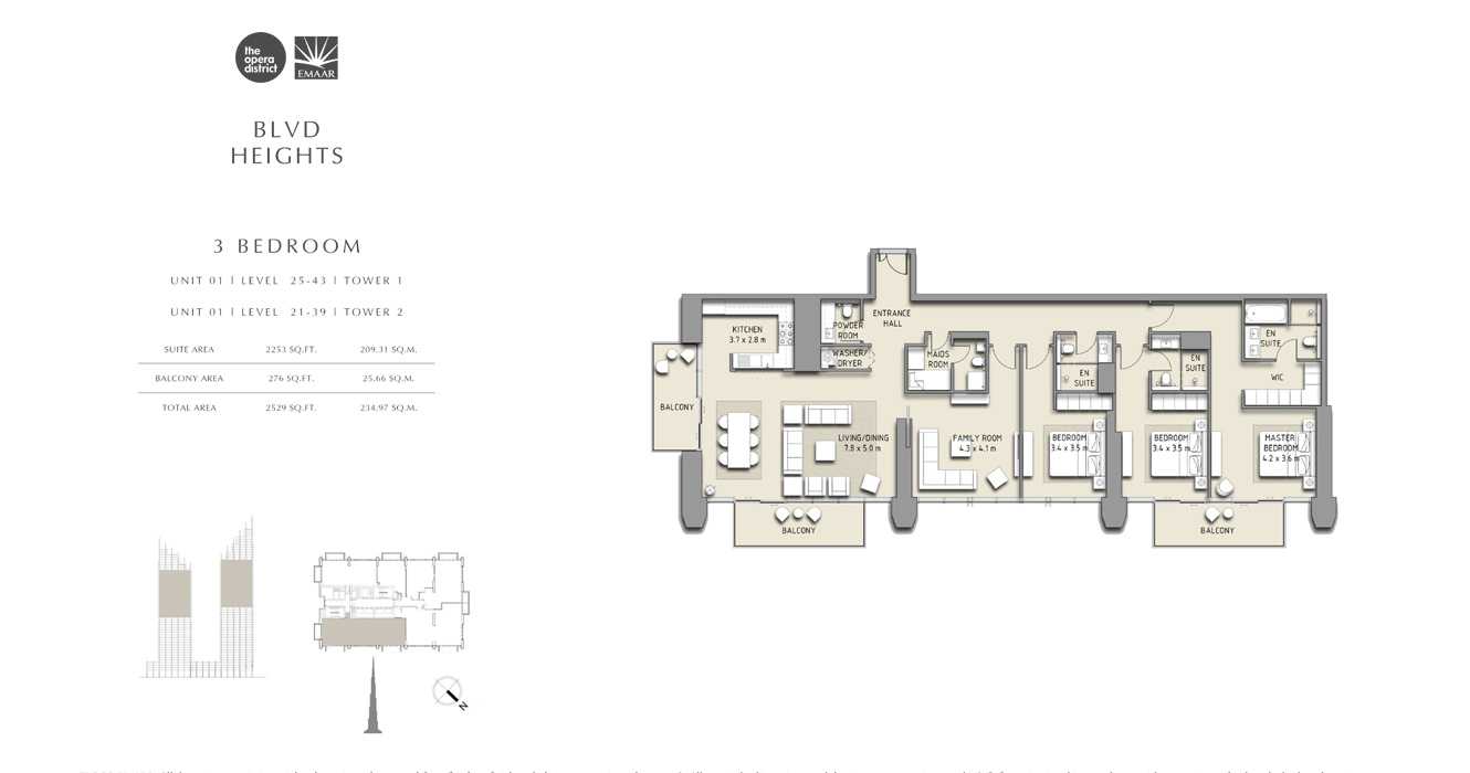 3 Bedroom Unit 01, Tower 1, Tower 2, Size 2529 sq ft