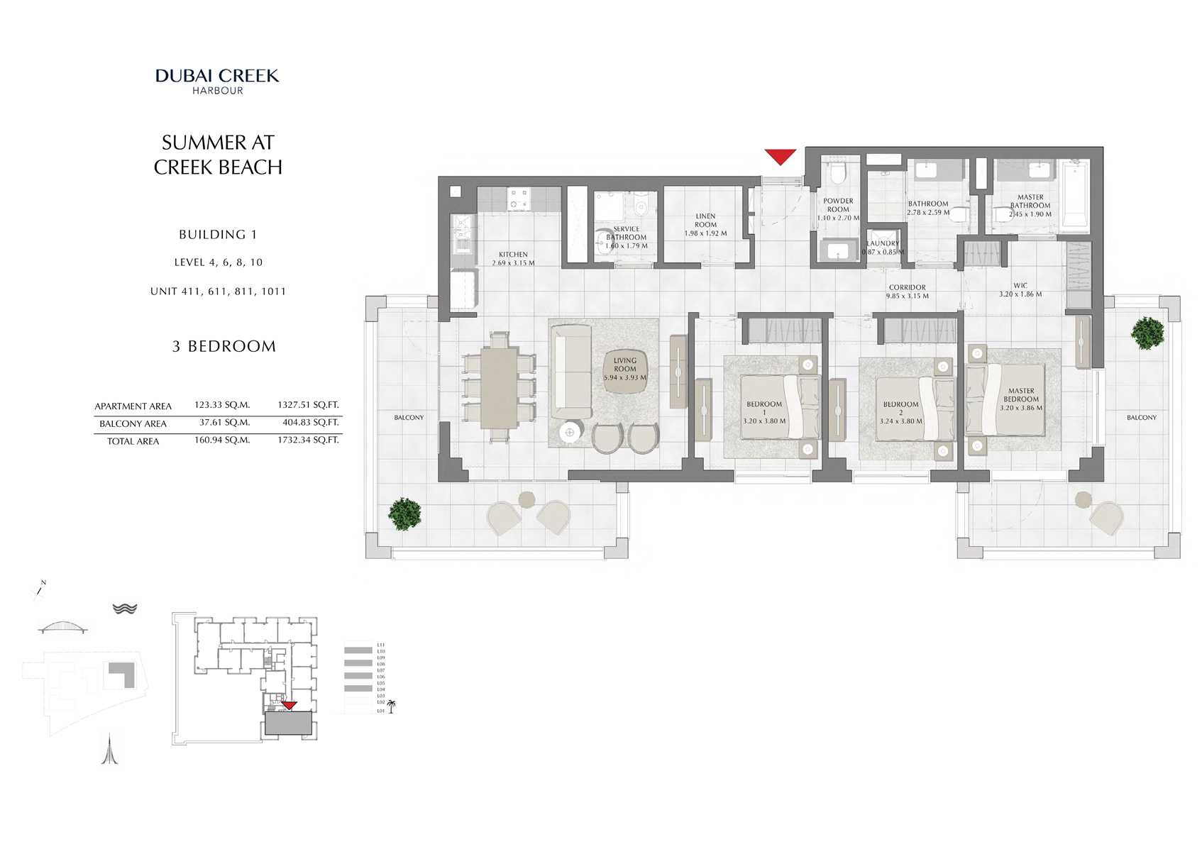 3 Br Building 1 Level-4-6-8-10 Unit 411-611-811-1011, Size 1732 Sq Ft