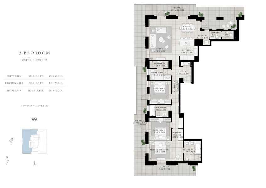 3-Bed, Unit-1, Level-27, Size-3132.41-sq.ft
