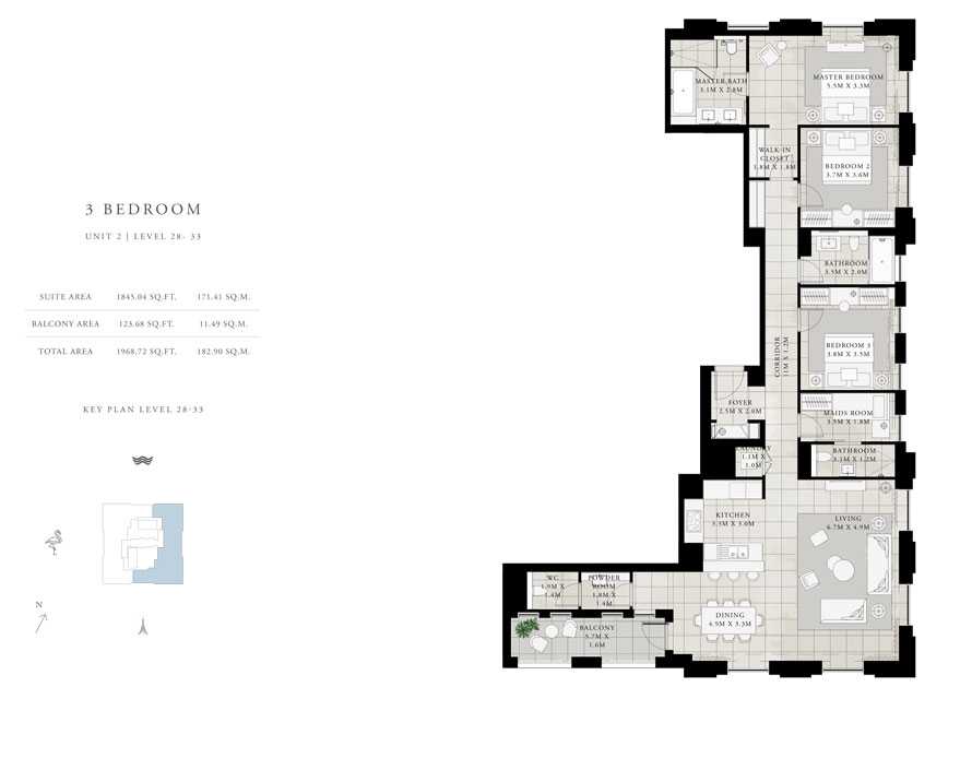 3-Bed, Unit-1, Level-28-33, Size-1968.72-sq.ft