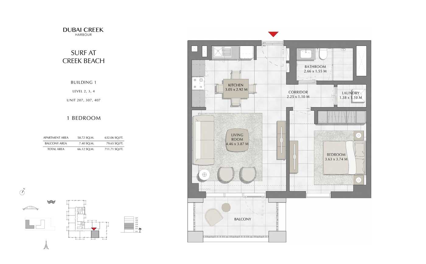 Building 1, 1 Bedroom, Level 2, 3, 4, Size 711 Sq Ft