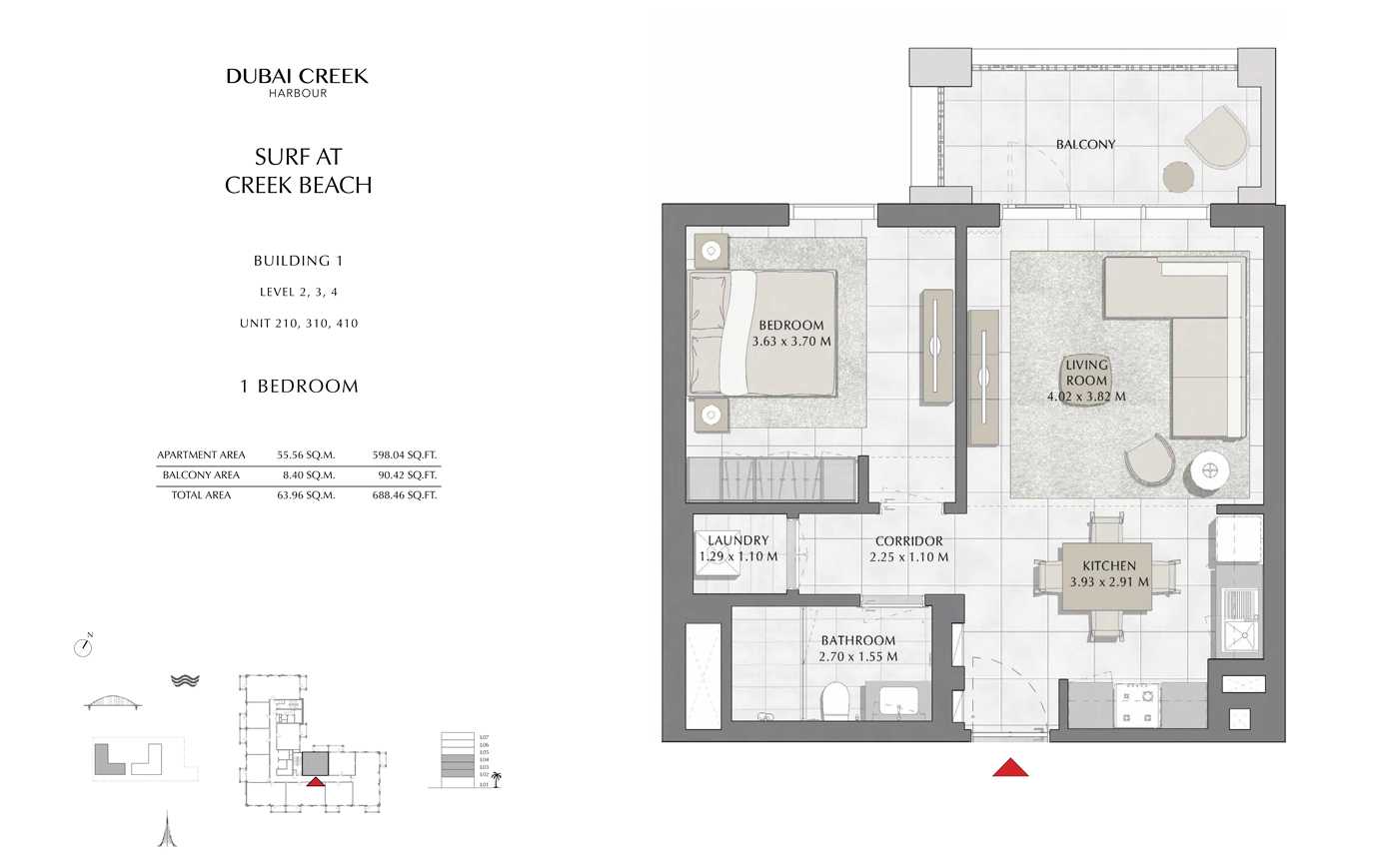 Building 1, 1 Bedroom, Level 2, 3, 4, Unit -(210,310,410) Size 688 Sq Ft