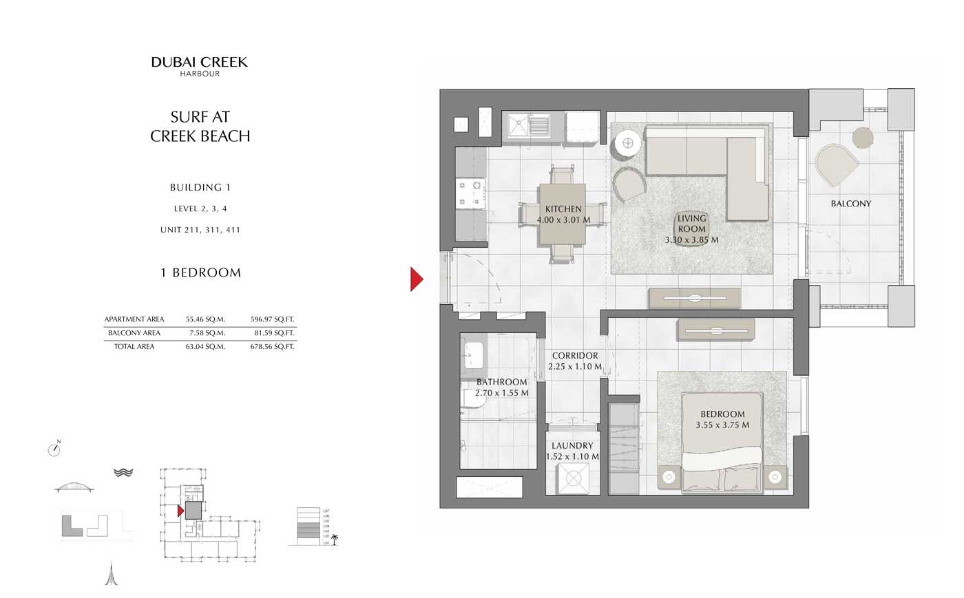Building 1, 1 Bedroom, Level 2,3, 4, Size 678 Sq Ft