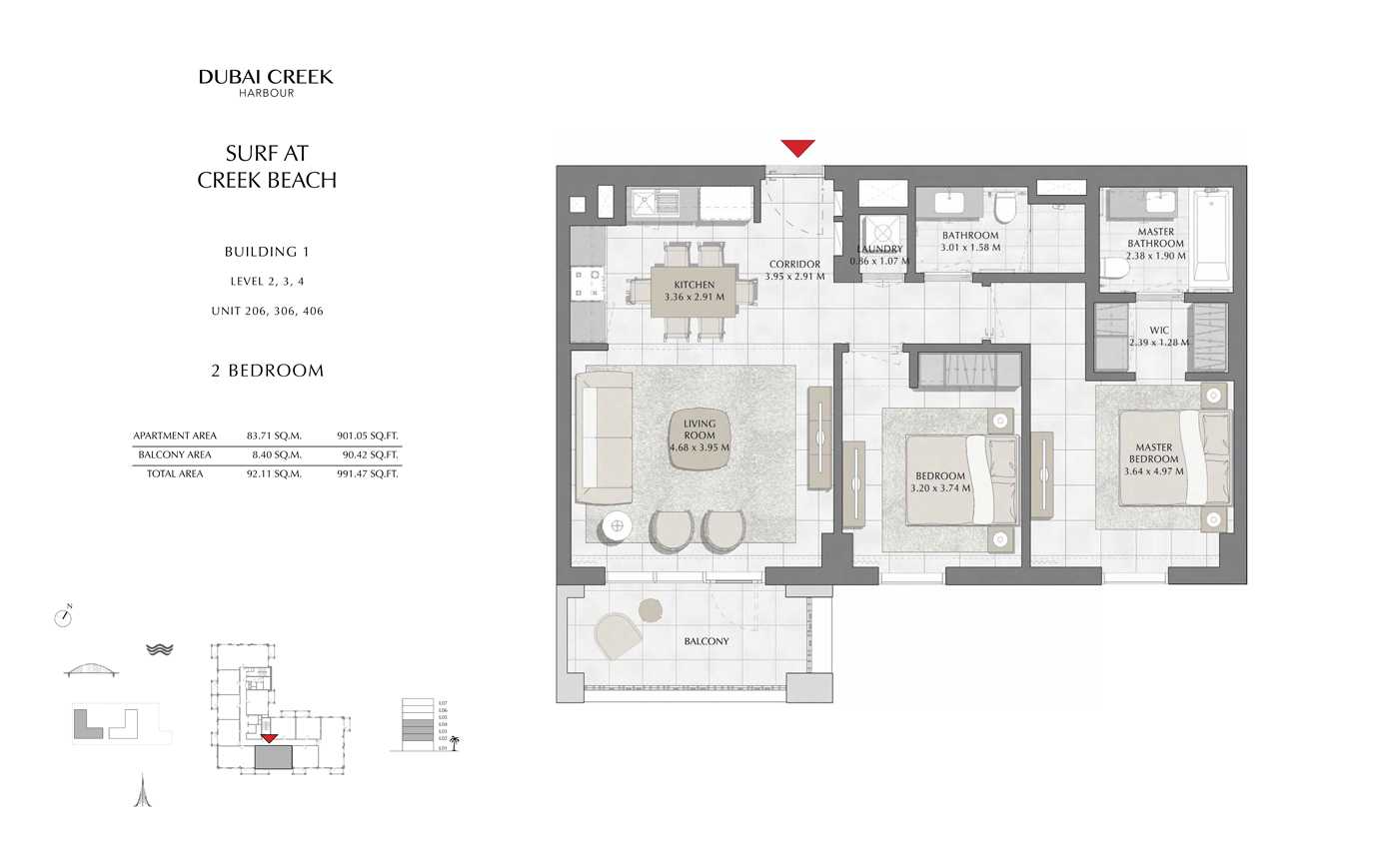 Building 1, 2 Bedroom, Level 2, 3, 4, Size 991 Sq Ft