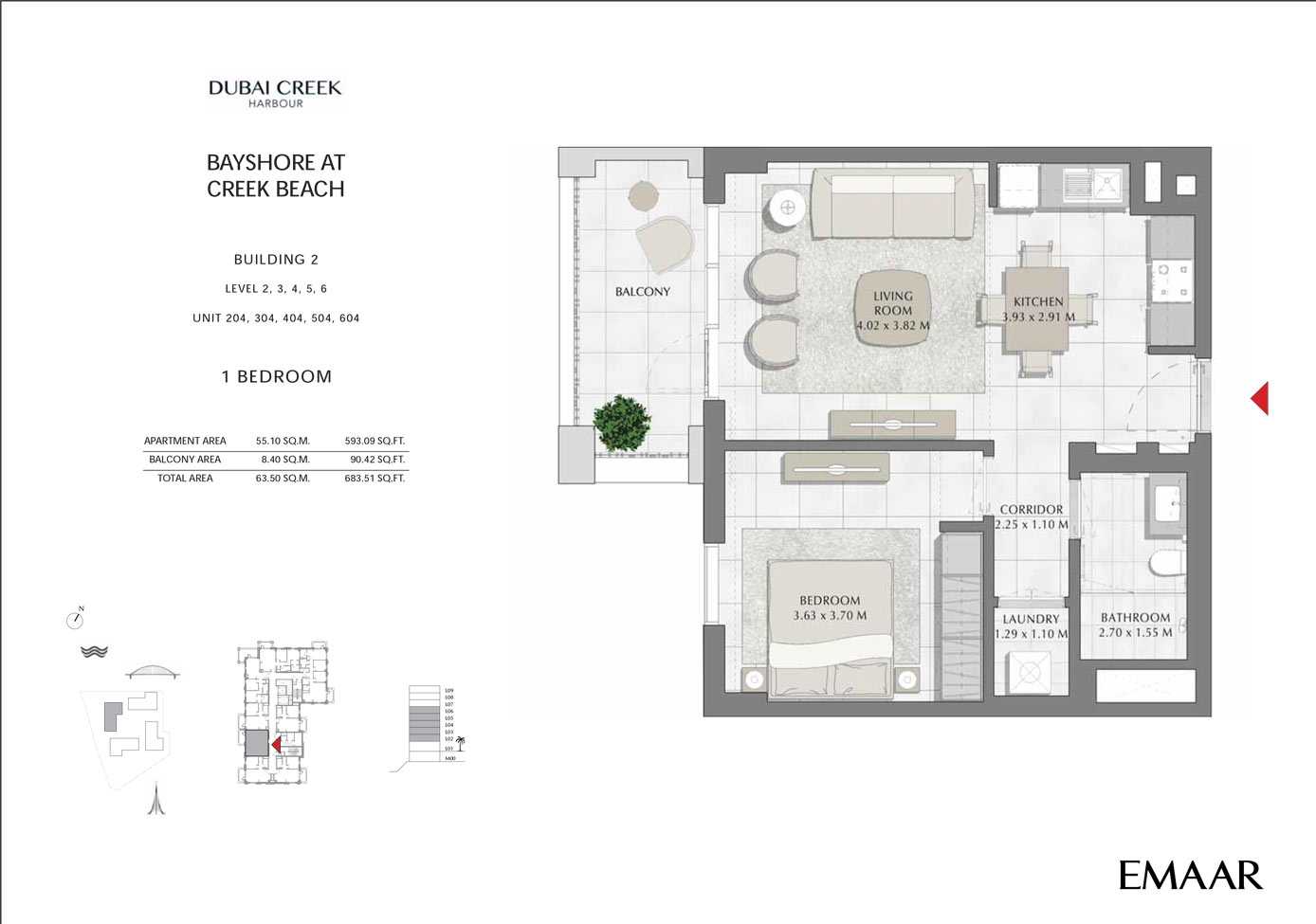Building 2 - 1 Bedroom Level 2-3-4-5-6 Unit 204-304-404-504-604, Size 683 sq ft