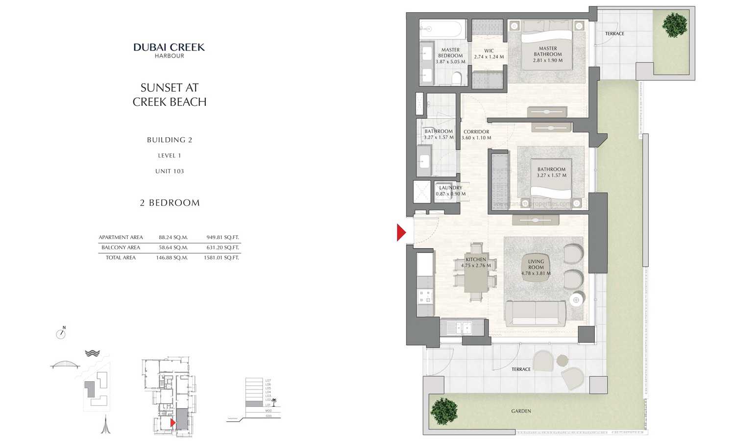 Building 2 - 2 Bedroom Level 1 Unit 103, Size 1581.01 sq ft