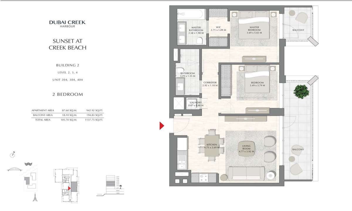 Building 2 - 2 Bedroom Level 2 To 4 Unit 204-304-404, Size 1137.75 sq ft