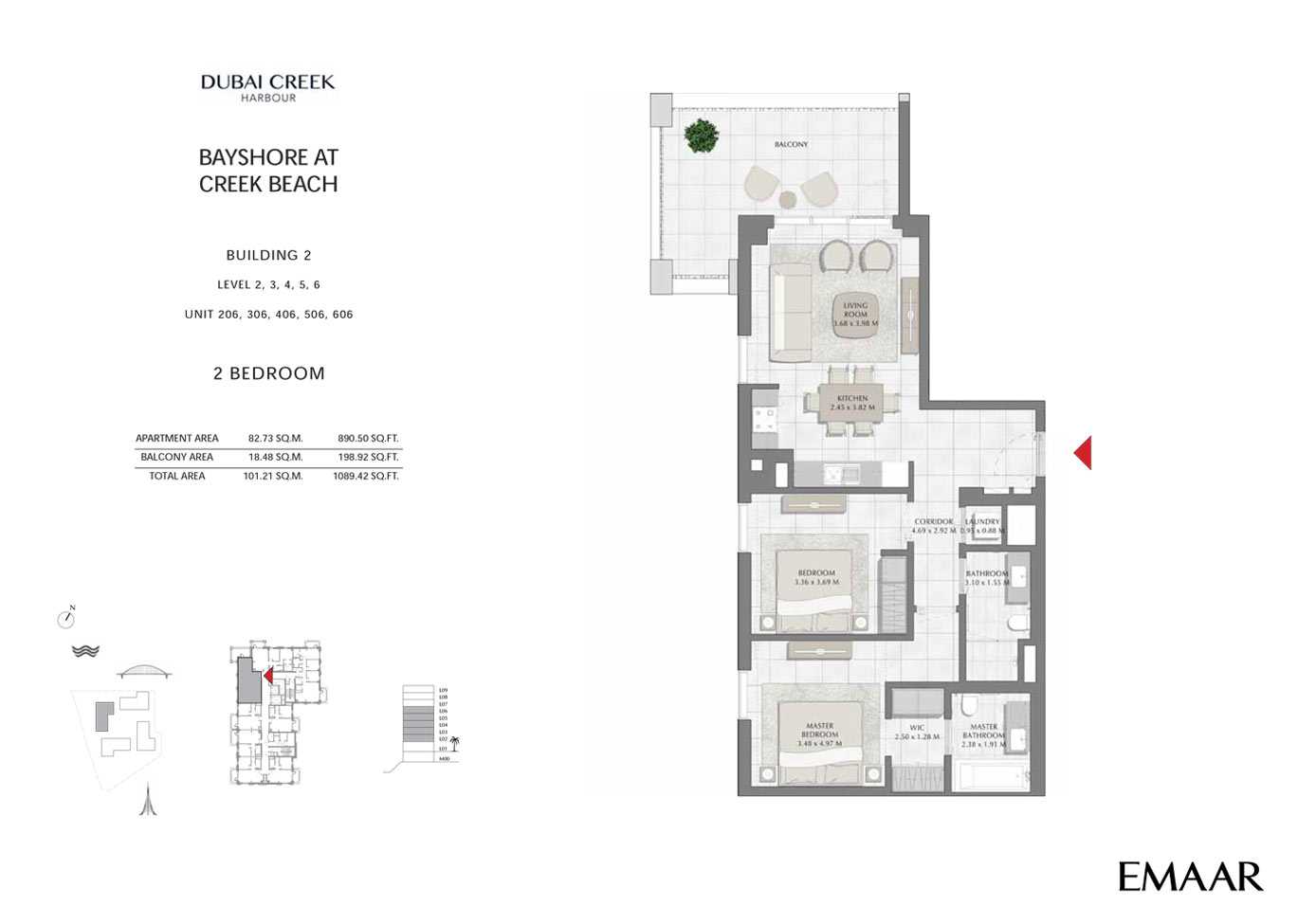 Building 2 - 2 Bedroom Level 2-3-4-5-6 Unit 206-306-406-506-606, Size 1089 sq ft