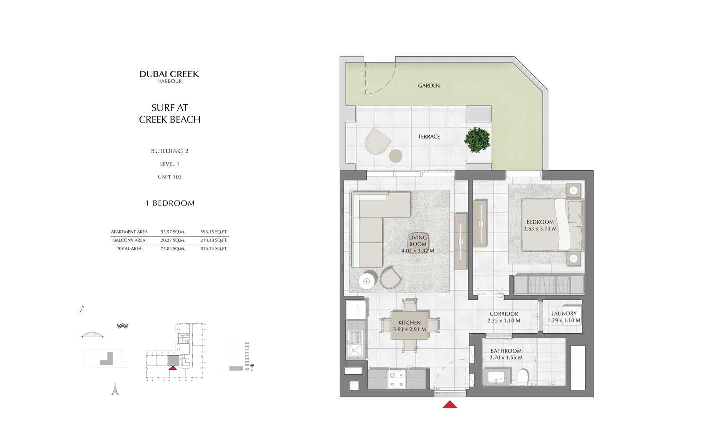 Building 2, 1 Bedroom Level 1, Unit 103, Size 816 sq.ft