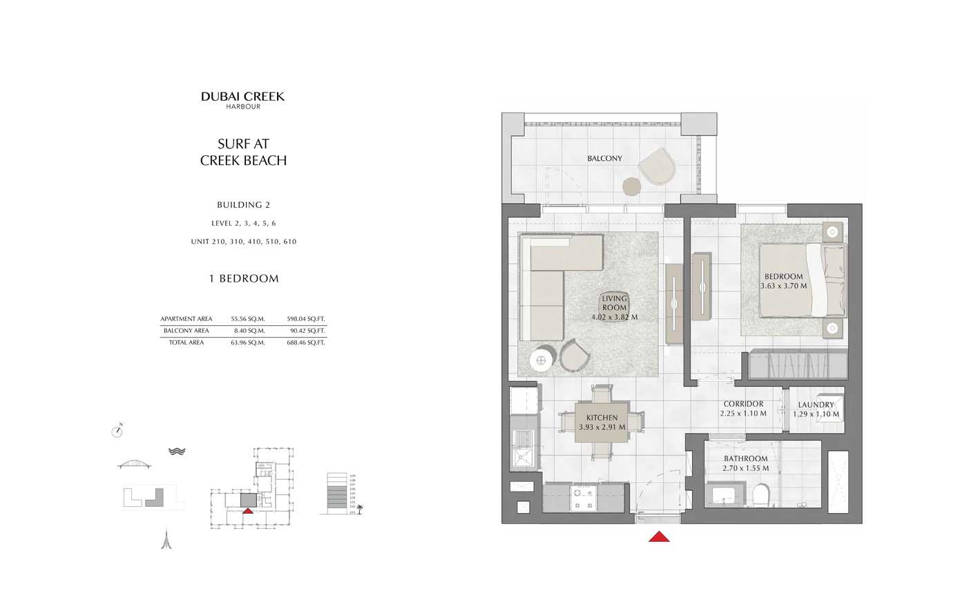 Building 2, 1 Bedroom Level 2, 3, 4, 5, 6 Size 688 Sq Ft