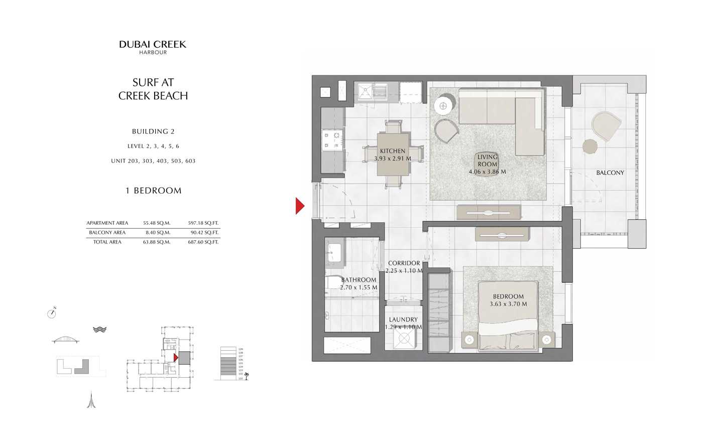 Building 2, 1 Bedroom Level 2, 3, 4, 5, 6, Size 687 Sq Ft