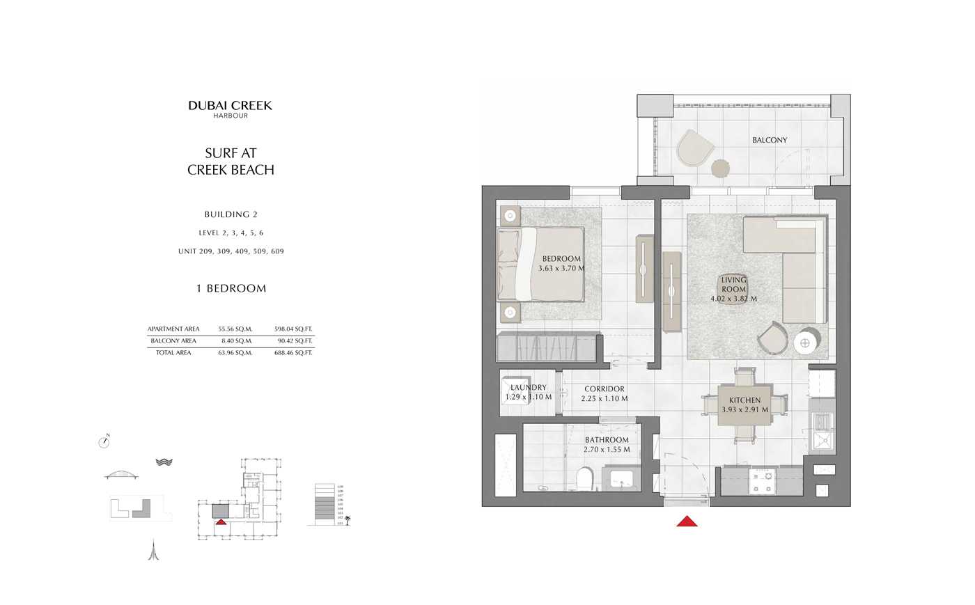 Building 2, 1 Bedroom Level 2, 3, 4, 5, 6, Size 688 Sq Ft