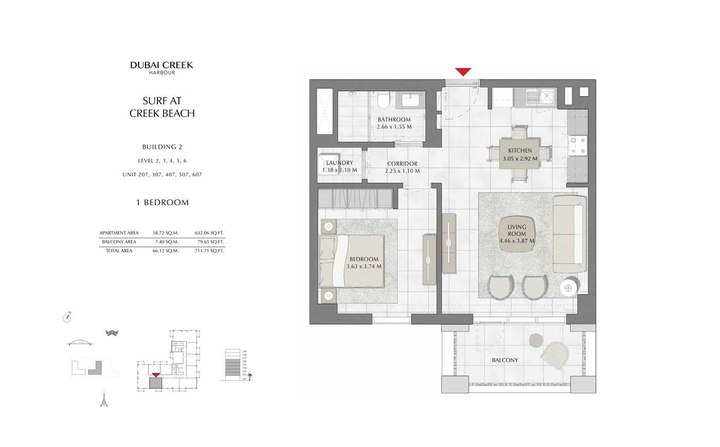 Building 2, 1 Bedroom Level 2, 3, 4, 5, 6, Size 711 Sq Ft