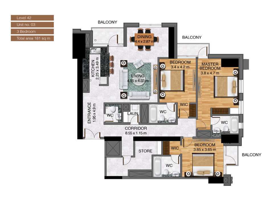 Level-42,Unit-no-3-,3-Bedroom-,Size-181-Sq m