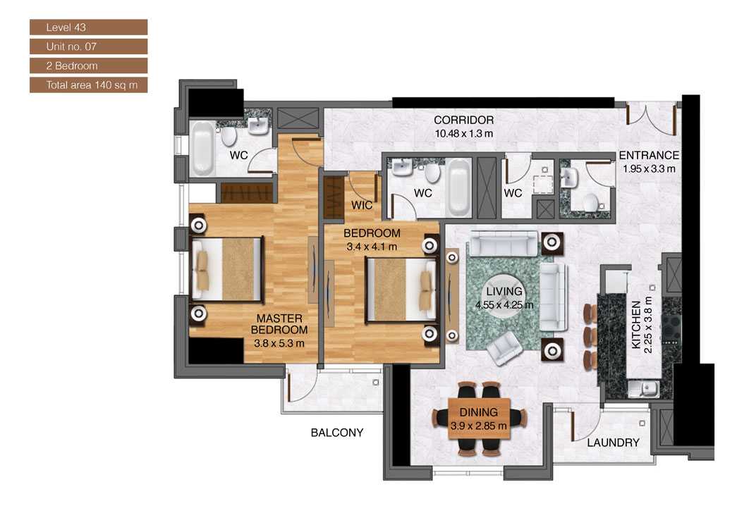 Level-43,Unit-no-7-,2-Bedroom-,Size-140-Sq m