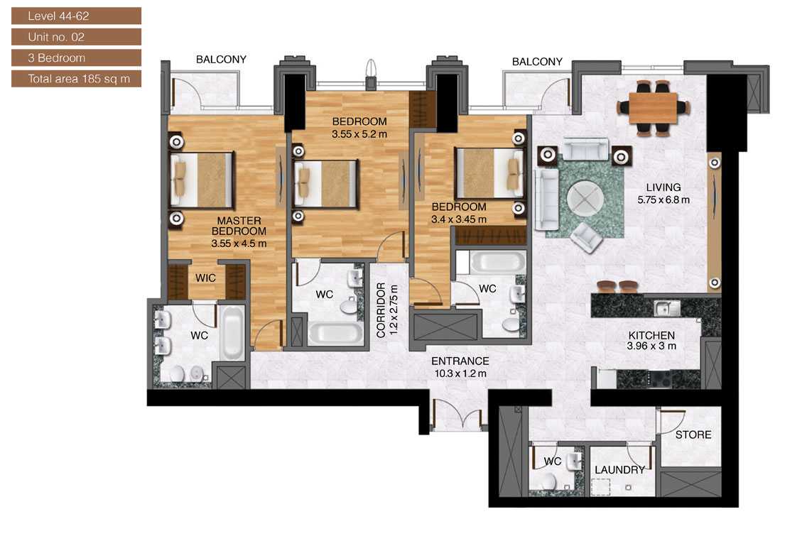 Level-44-62,Unit-no-2-,3-Bedroom-,Size-185-Sq m
