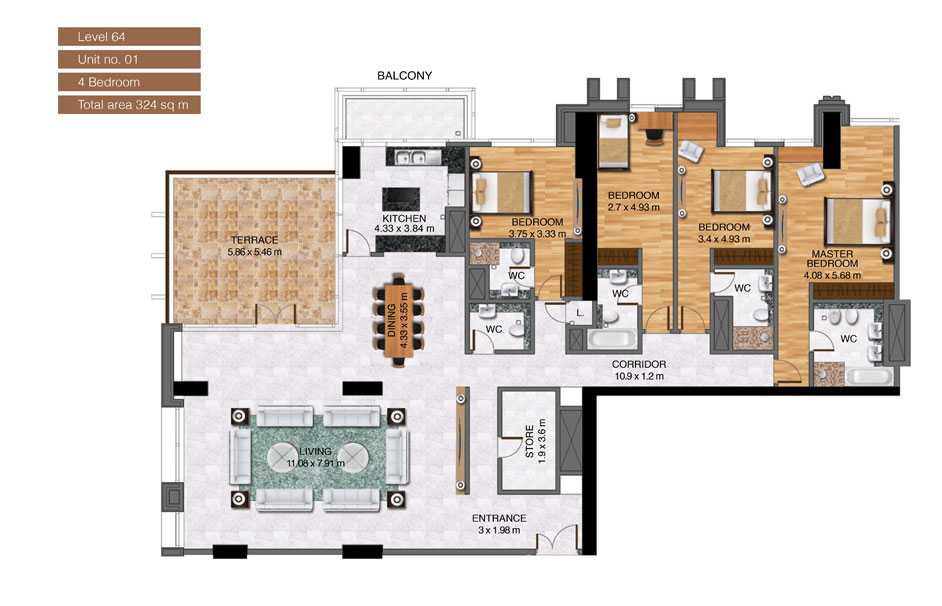 Level-64,Unit-no-1-,4-Bedroom-,Size-324-Sq m