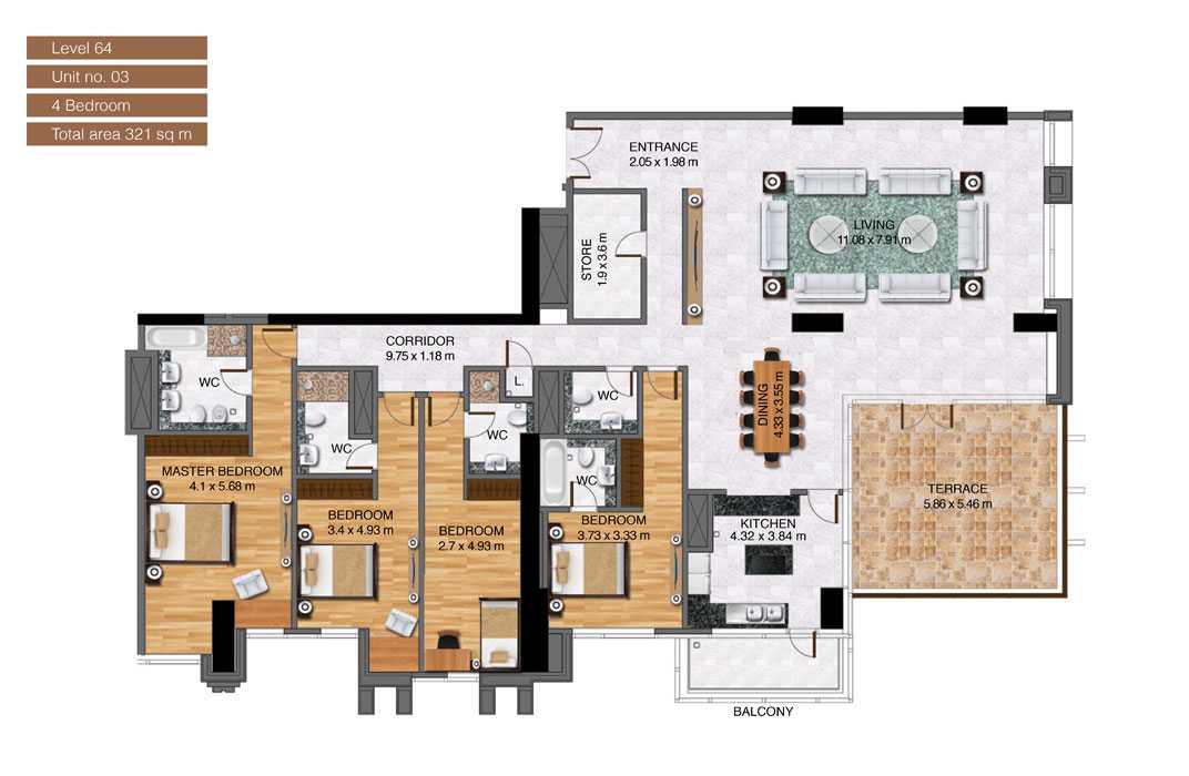 Level-64,Unit-no-3-,4-Bedroom-,Size-321-Sq m