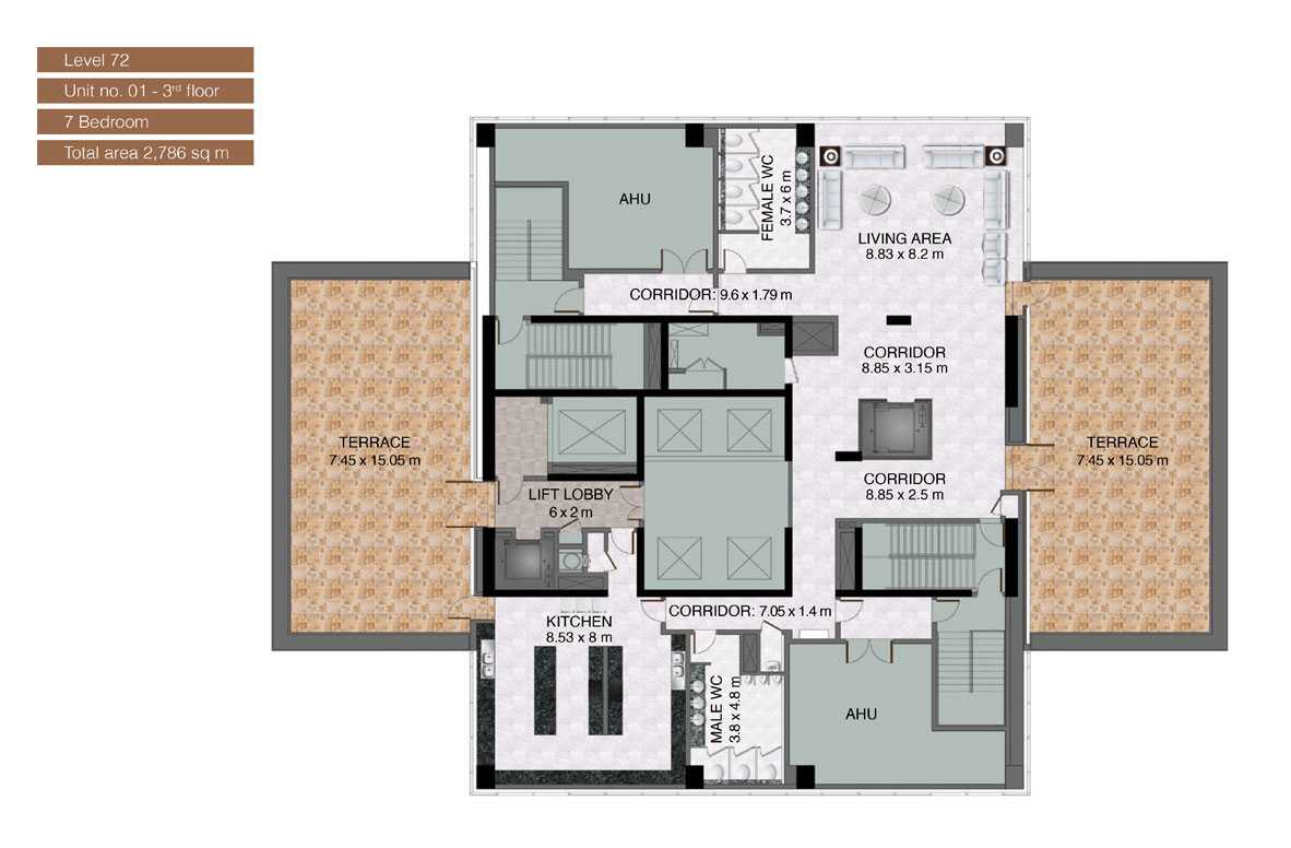 Level-72,Unit-no-1-3rd-Floor-,7-Bedroom-,Size-2786-Sq m