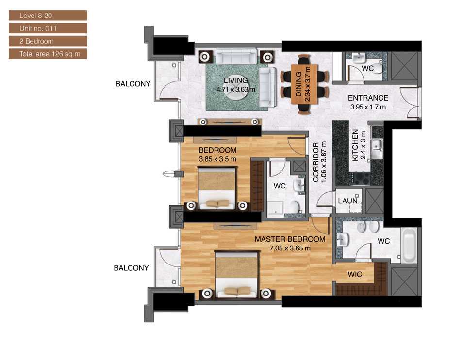 Level-8-20,Unit-no-11-,2-Bedroom-,Size-126-Sq m