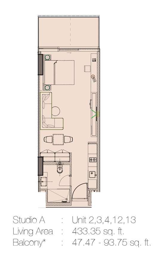 Studio A, Unit 2,3,4,12,13 - 433.35 Sq.Ft.