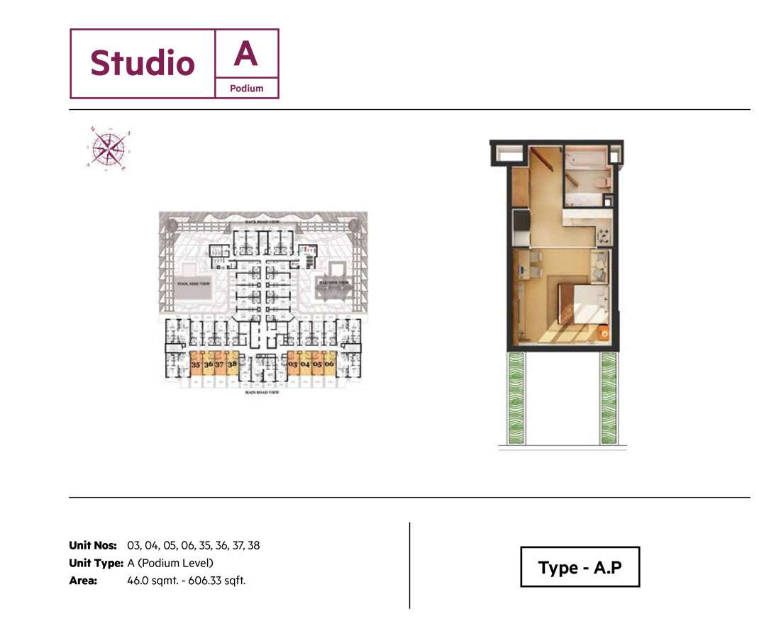Studio,Type A, Size-606.33 Sq.ft