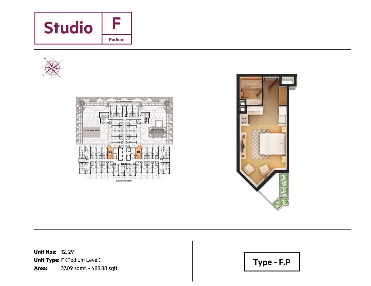 Studio,Type F, Size 488.88 Sq.ft