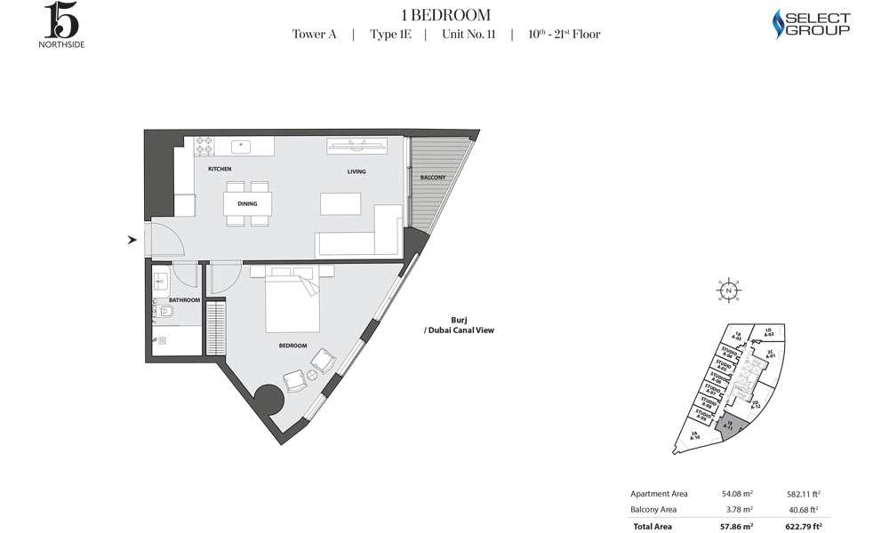 Tower A, 1 Bedroom, Type 1E, Unit 11, 10th-21st Floor