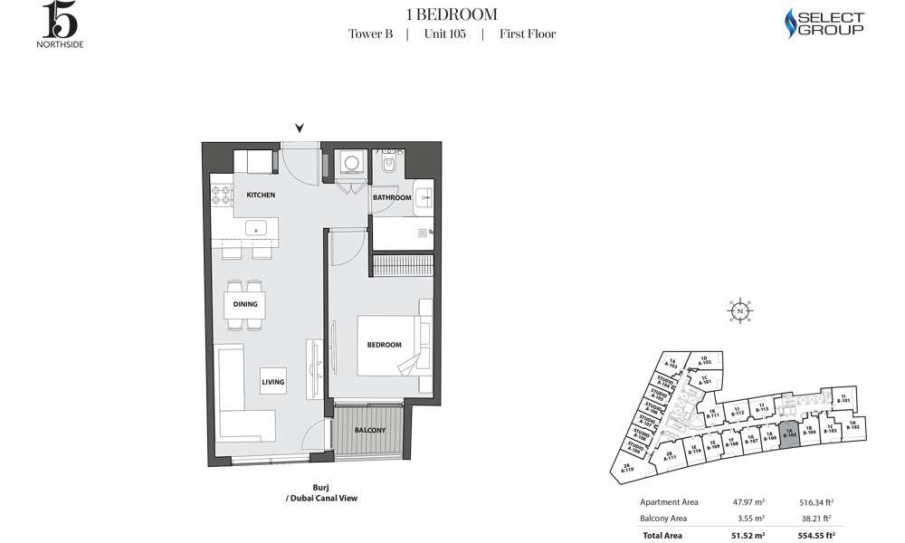 Tower B, 1 Bedroom, Unit 105, First Floor