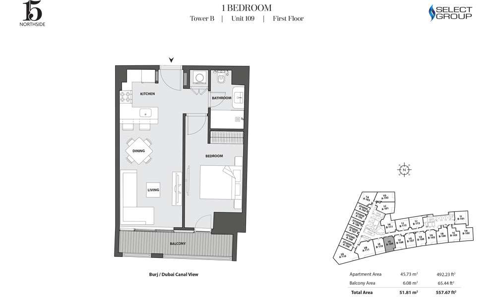 Tower B, 1 Bedroom, Unit 109, First Floor