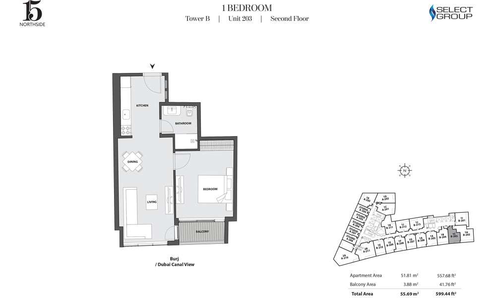 Tower B, 1 Bedroom, Unit 203, Second Floor