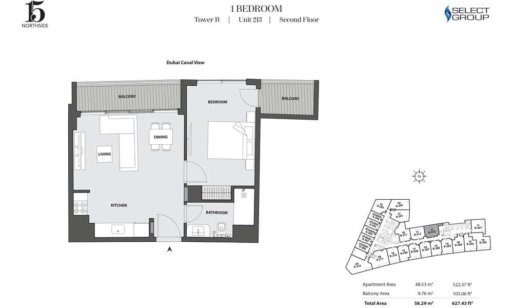 Tower B, 1 Bedroom, Unit 213, Second Floor