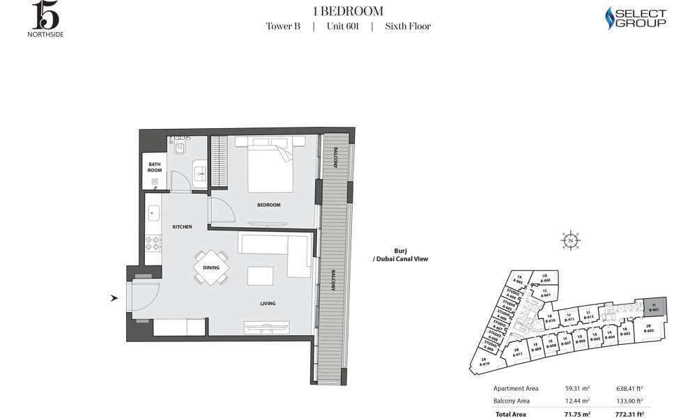 Tower B, 1 Bedroom, Unit 601, Sixth Floor