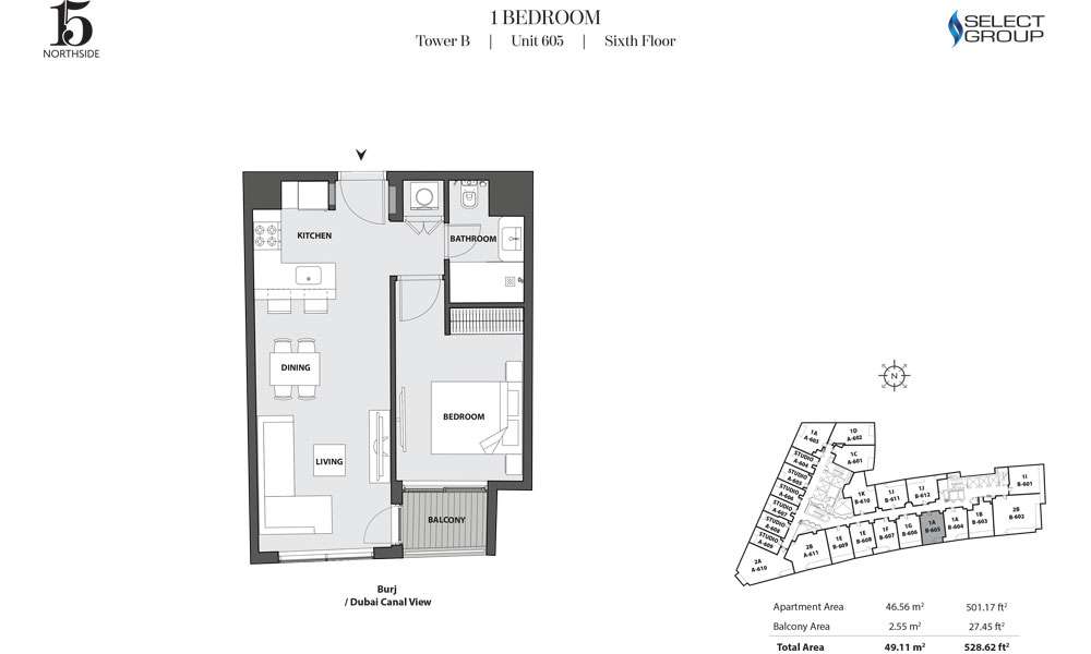 Tower B, 1 Bedroom, Unit 605, Sixth Floor