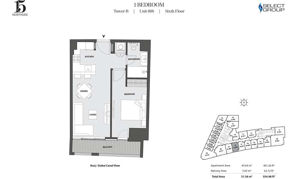 Tower B, 1 Bedroom, Unit 608, Sixth Floor