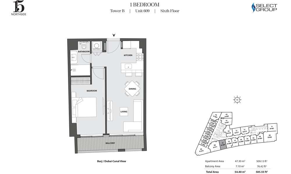 Tower B, 1 Bedroom, Unit 609, Sixth Floor