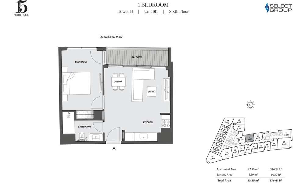 Tower B, 1 Bedroom, Unit 611, Sixth Floor